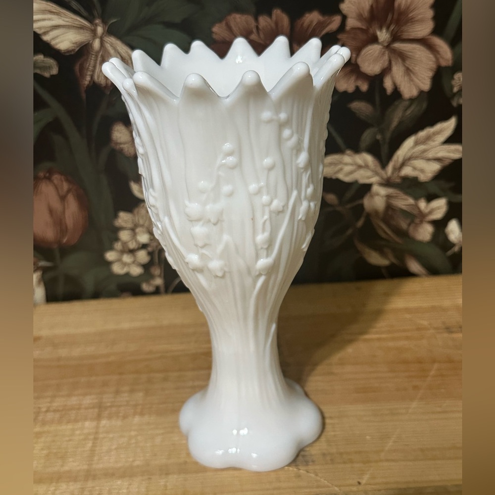 Vintage Westmoreland White Milk Glass Footed Vase Lily of the Valley 7 1/4 Tall